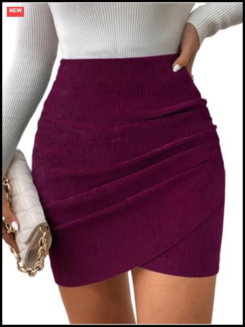 Corduroy Bodycon Mini Skirt High Waisted Wrap Asymmetrical Pleated Work Skirt